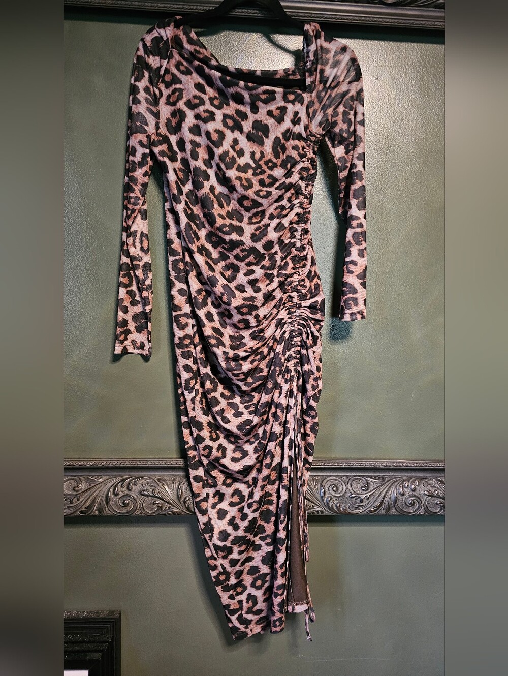 SHEIN Brown and Black Leopard Ruched Midi Dress
